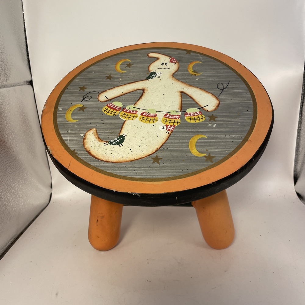 Rustic Children's Wooden Hand Painted 2-D  Halloween Ghost Mult  4 Legged Stool
